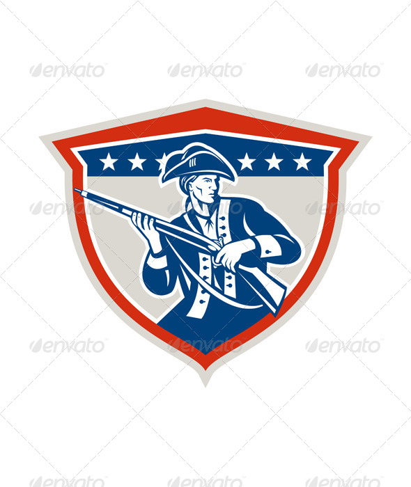 American Patriot Holding Musket Rifle Shield Retro