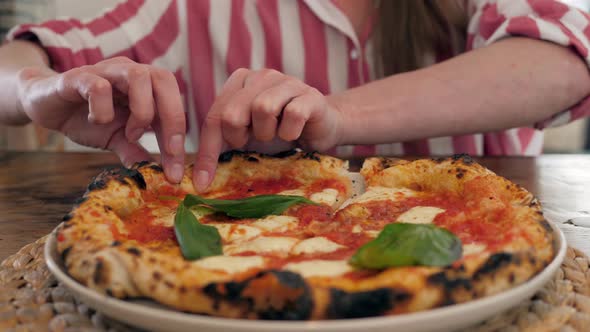 Hands Taking Pizza Slices From Wooden Plate, Close Up View Top Margarita Food Delivery