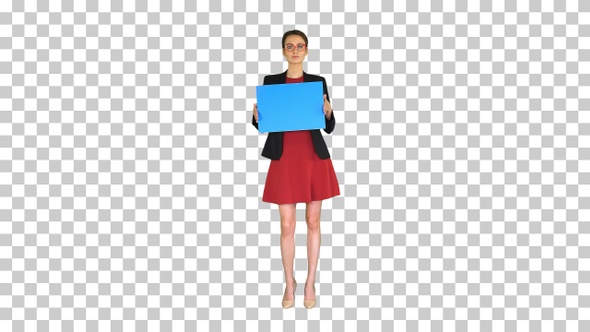 Businesswoman holding an empty banner, Alpha Channel