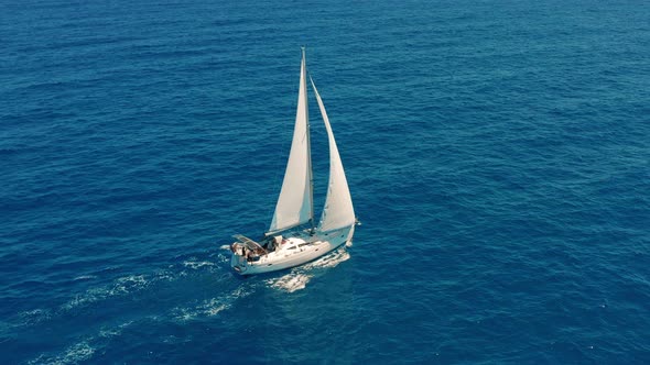 Yacht Sailing on Opened Sea. Sailing Boat. Yachting Video. Yacht From Above. Yachting at Windy Day