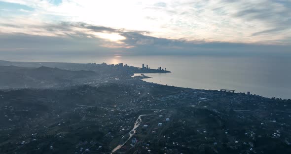 Aerial view of Batumi city at sunset. Georgia 2022 winter