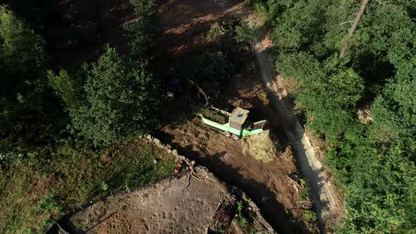 A deforestation tractor works in the forest cutting down trees