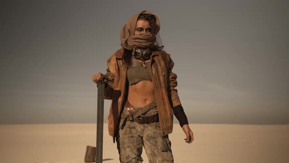 Postapocalyptic Woman Outdoors in a Wasteland