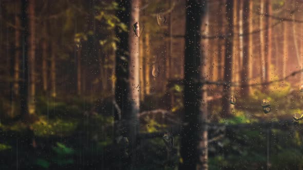 Forest Background And Rain Falling on Blurry Glass 4K
