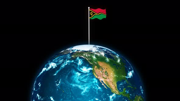 3d Rotated Planet Earth On Flying Vanuatu Flag Animation