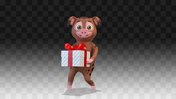 Brown Pig Congratulates And Dances With A Gift