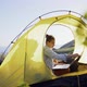 Woman Begin Working on Laptop in Tent at Nature - VideoHive Item for Sale