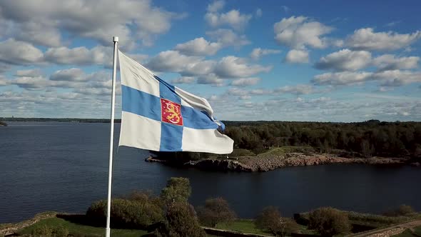 European Flag White with Blue Stripes Wave on the Wind Foreground in Helsinki