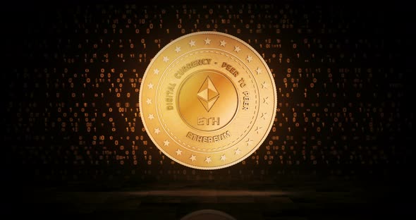 Ethereum ETH cryptocurrency golden coin loop on digital background