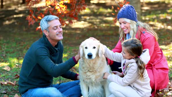 Family sitting in the park with their dog