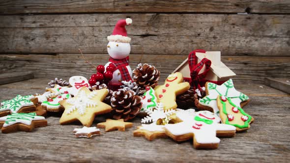 Snowman with various christmas cookie and decoration