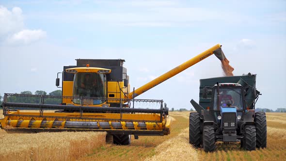 Tractor with trailer working in tandem alongside working combine harvester
