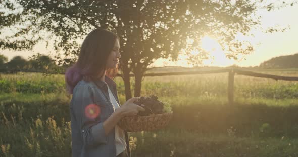 Young Beautiful Girl Walking with Basket of Grapes