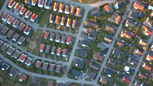 Aerial view of suburban area with residential houses.