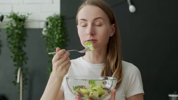 Woman Eating Salad Healthy Vegetarian Diet for Weight Loss Nutrition