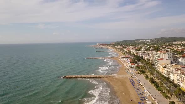 Drone Footage Of Spain, Sitges Beach Coastline. Travel Destination.