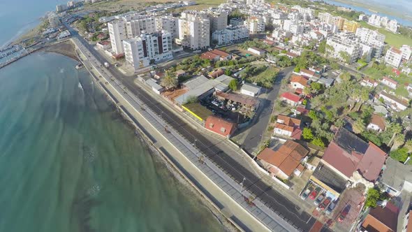 Aerial Shot Along Embankment with Hotels in Larnaca City, Cool Landscape