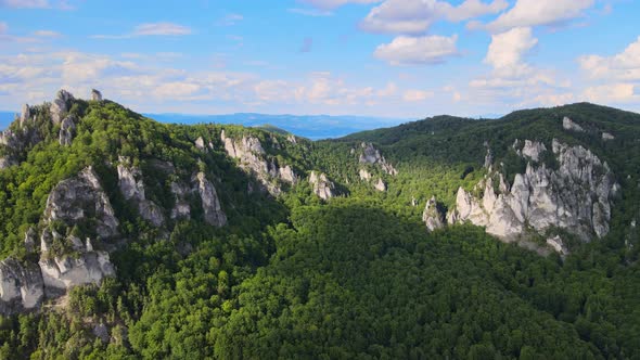 Aerial view of the Sulov rocks nature reserve in the village of Sulov in Slovakia