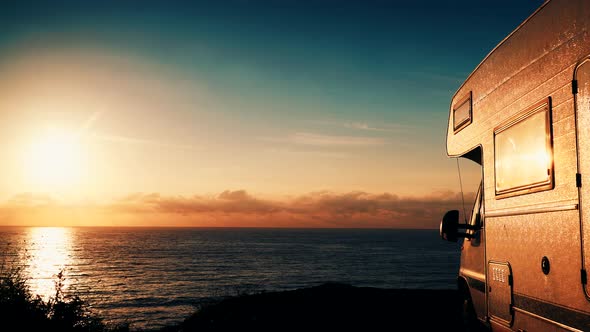 Camper At Sunrise Camping  On Sea, Spain