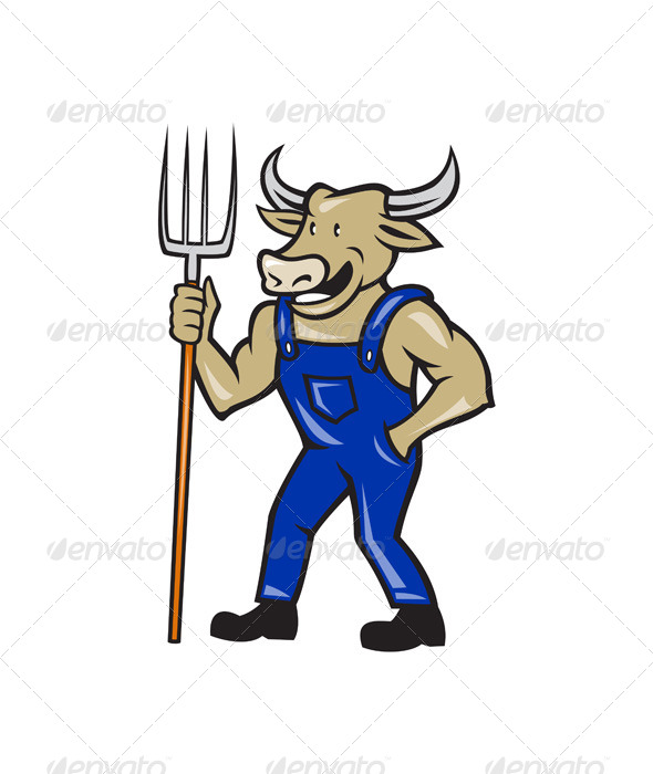 Farmer Cow Holding Pitchfork Cartoon