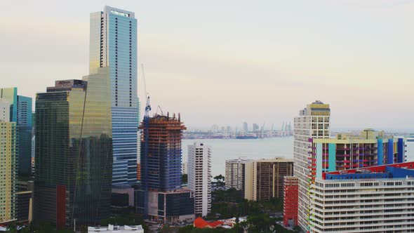 Aerial view of skyscrapers near a bay in Miami