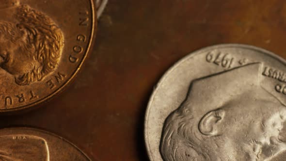 Rotating stock footage shot of American monetary coins 