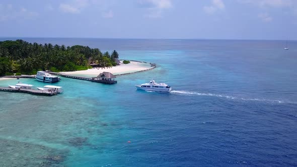 Aerial drone travel of tourist beach voyage by blue sea and sand background