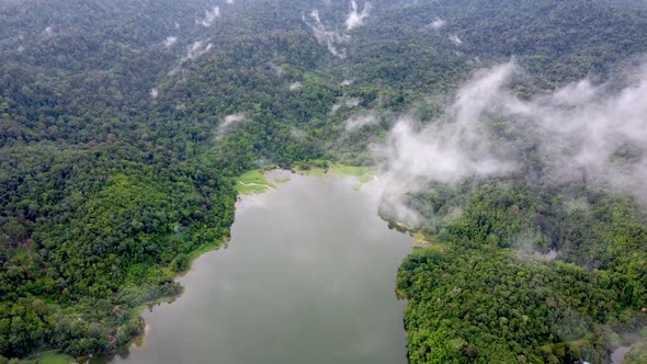 Aerial view low cloud move at Malaysia lake