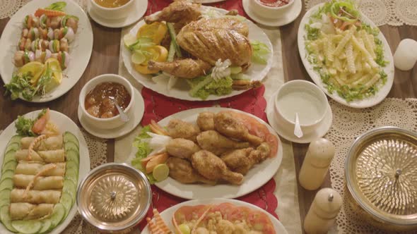 Top angle view of food on a dining table 