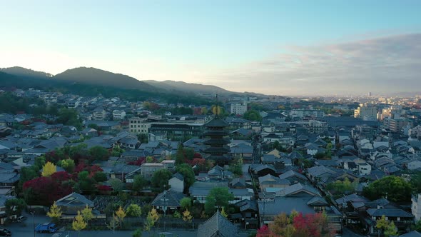 Aerial view 4k video by drone of Yasaka Pagoda in Kyoto city
