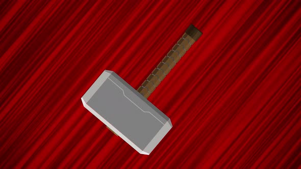 Flying hammer on red background. Looped animation of throwing a hammer. Moving mallet