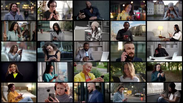 Collage Multiscreen People of Different Ages Nationalities and Genders Use a Mobile Phone