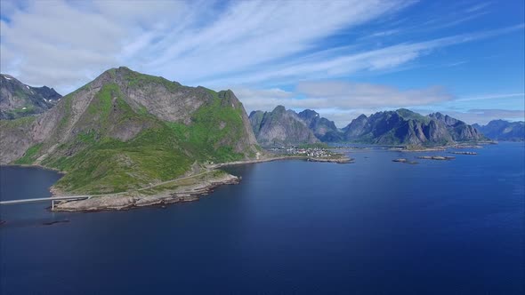 Scenic coast with town Reine on Lofoten islands in Norway