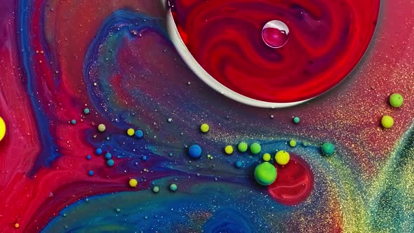 Multicolored Bubbles Of Bright Collors Moving In Paint Oil Surface Beautiful Blue Universe Of Color