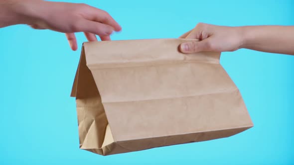 Close Up Female Hold in Hand Brown Craft Paper Bag for Give Takeaway Isolated on Blue Background