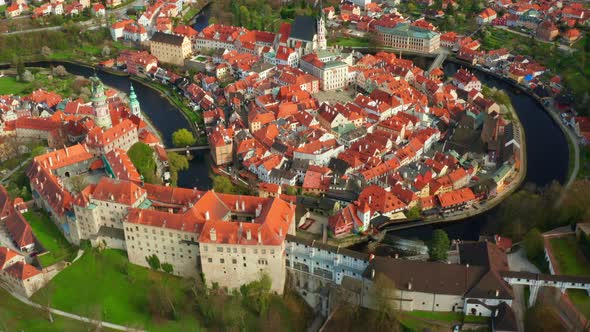 Fly Over Old Town of Cesky Krumlov and River Vltava in the South Bohemian Region Czech Republic