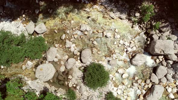 Aerial view of a large zip line cable passing through the Soca River in Slovenia