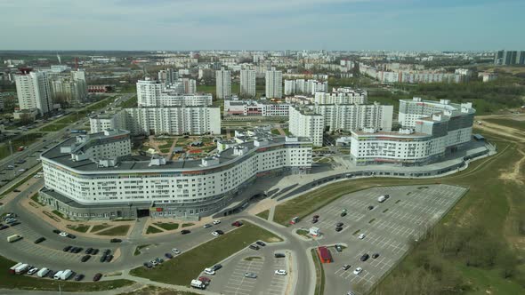 City block with high-rise buildings. Modern architecture. Dormitory area. Aerial photography.