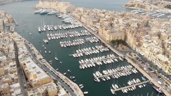 Grand Harbour Marina View Yatch Port in The three Cities, Malta - Fly-over Aerial