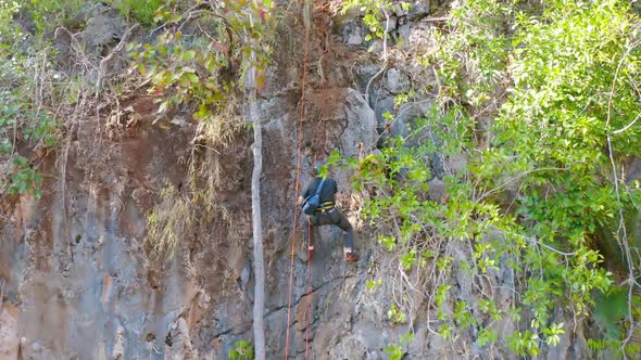 Aerial top view of tourist sprinkle the rope at Spirit Well Cave, Pang Mapha District, Mae Hong Son