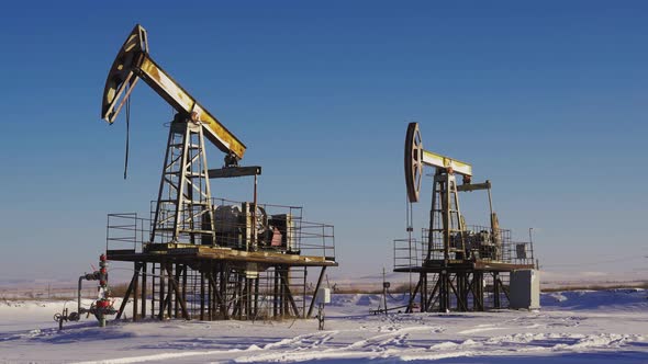 Oil Pumps on a Winter Sunny and Frosty Day