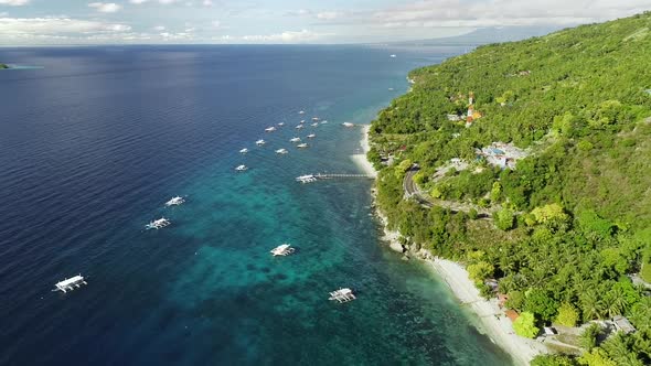 Aerial view of filipino boats, coastline and forest near Oslob, Philippines.