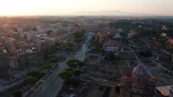 Aerial drone view of iconic ancient Arena of Colosseum