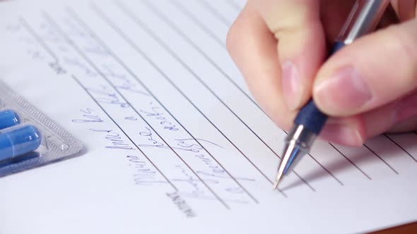 Doctor Writing a Receipt for Patient, Side View, Close Up