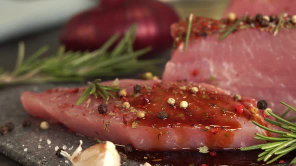 Pork Sprinkled with Spices and Seasonings is Poured Soy Sauce