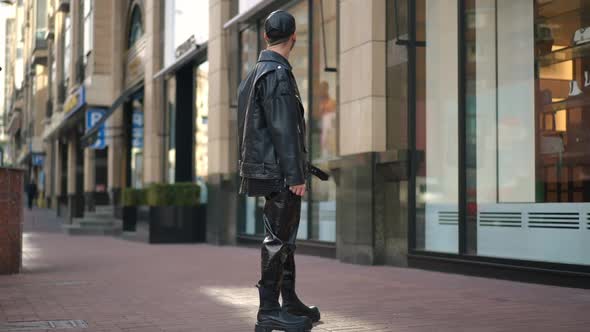 Wide Shot Confident Stylish Gay Man Window Shopping Outdoors Downtown