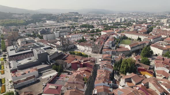 Historic center of Braga with Santa Cruz square, Portugal. Aerial panoramic view