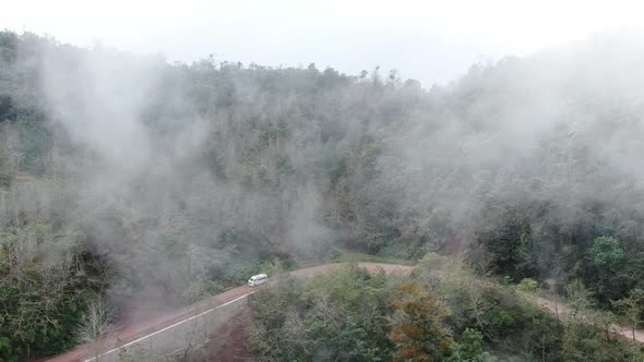 Traveling by Van Through the Foggy Jungle