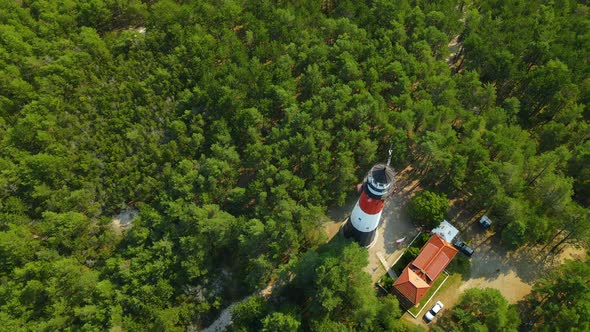 The drone slow spin around Stilo Lighthouse - lighthouse located in Osetnik on the Polish coast of t