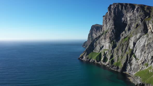 Drone flight above Atlanic ocean ,Norway,Lofoten Island, view from Kvalvika beach